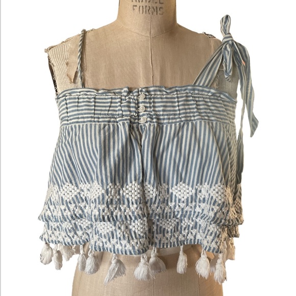 Free People Tops - FREE PEOPLE Blue/White Stripe Tie Tassel Trim Top sz XS